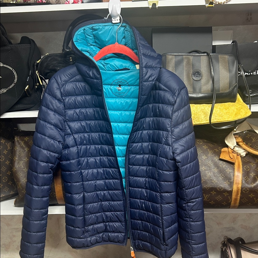 SAVE THE DUCK Men's Dark Blue Puffer Jacket with Bright Blue Lining